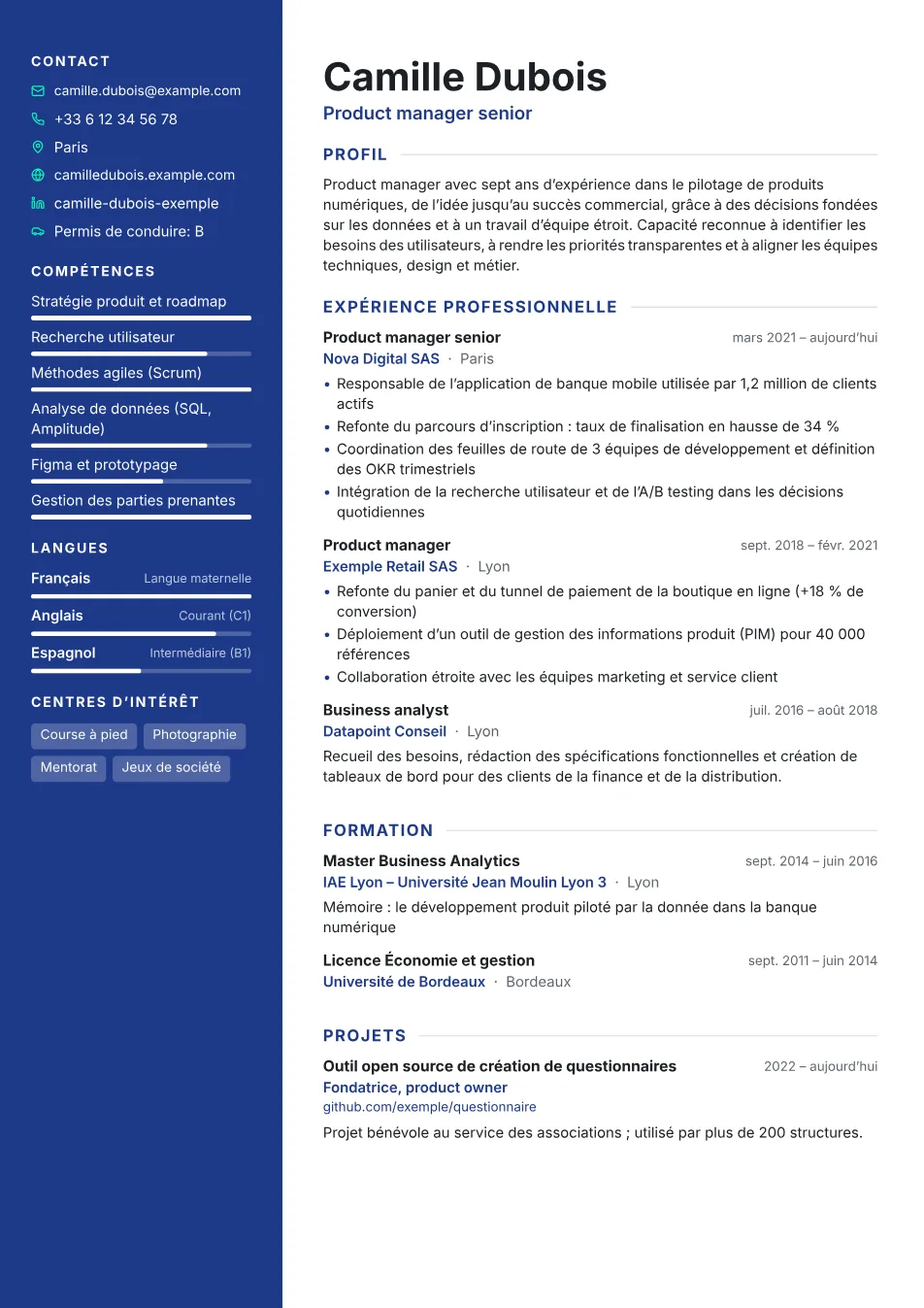 Exemple de CV avec le modèle Moderne